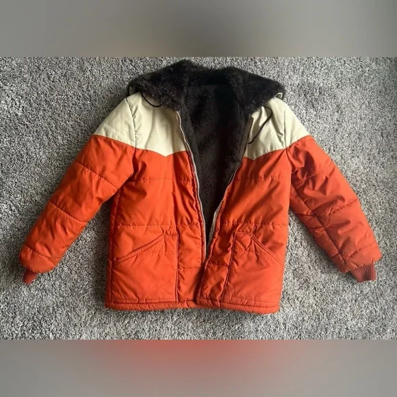 Vintage Fur Lined Simco Zip Orange Medium Bomber Jacket Hood Converts To Collar - Picture 5 of 10